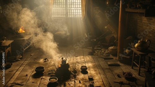 a room filled with pots and pans on top of a wooden floor and a fire burning in the middle of the room. photo