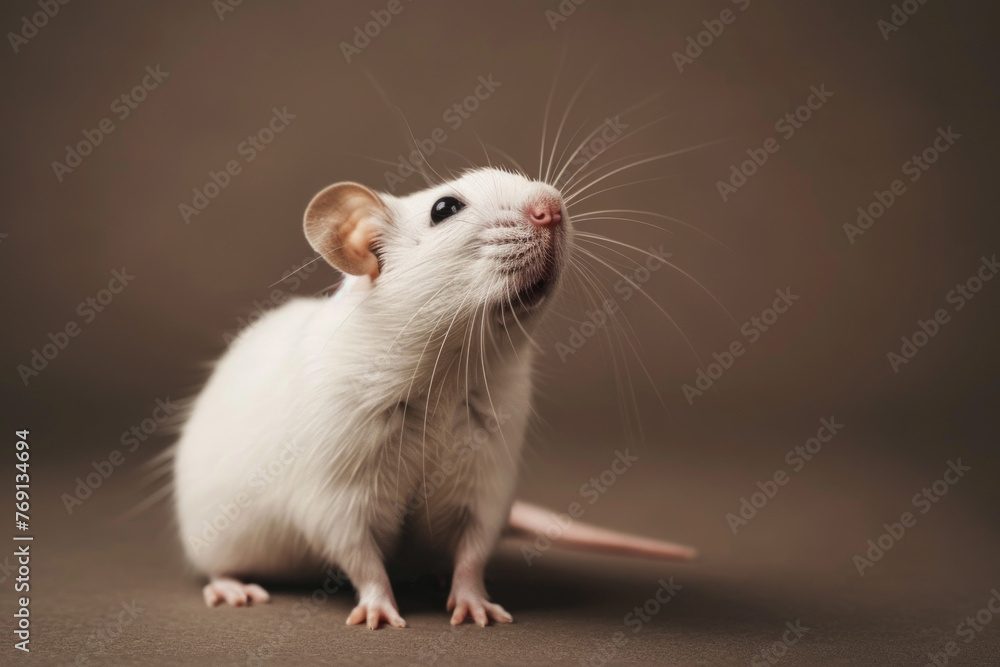 A purebred rodent poses for a portrait in a studio with a solid color background during a pet photoshoot.

