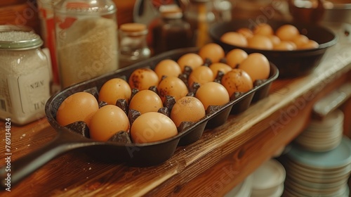 a tray of eggs sitting on top of a wooden counter next to a jar of salt and pepper shakers.