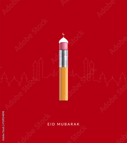 Eid Mubarak creative concept. Shavings Pencil and mosque, Background for education or Pencil shop for Ramadan and Eid celebration poster, Eid Mubarak creative design for social media post.