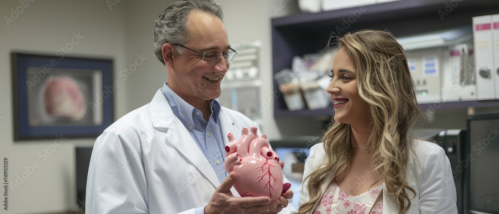Obraz premium Professional Cardiologist explaining heart model in well-equipped office, demystifying treatment options for cardiovascular disease