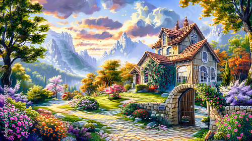 Vibrant Landscape Painting, Natures Beauty Captured, Artistic Rendering of a Summer Countryside
