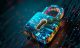 Digital padlock on a futuristic circuit board background, illustrating secure data encryption