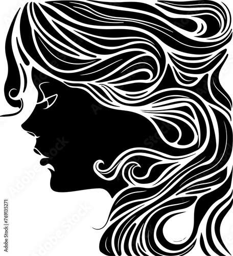 A striking profile silhouette of a woman with flowing hair  perfect for beauty and fashion-themed designs.