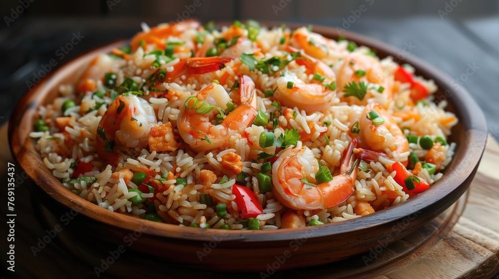 Plate with tasty fried rice and shrimps on table, closeup