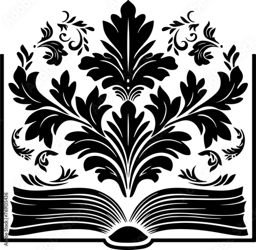 An open book with a flourishing Baroque-style floral design, ideal for literary and historical themes.