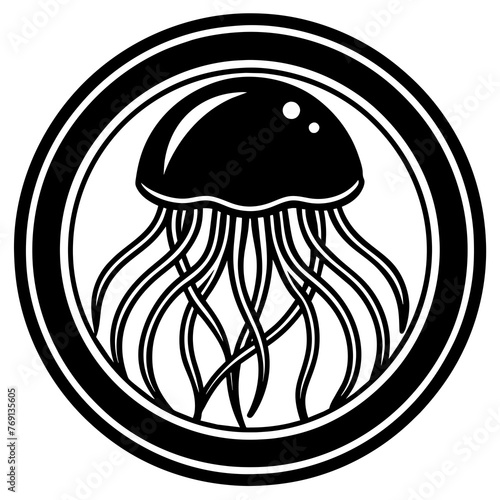 Jellyfish  logo icon in a circle, minimal, white background silhouette vector art Illustration