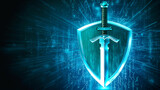 Glowing cyber security shield with sword on a digital data background with copy space