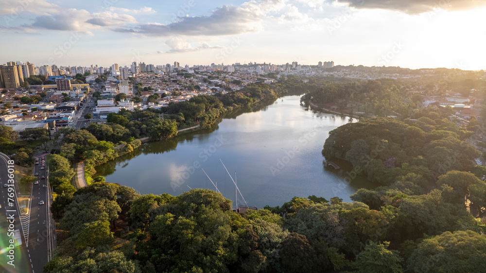Taquaral Lagoon in Campinas, aerial view of the Portugal park at sunset, São Paulo, Brazil.