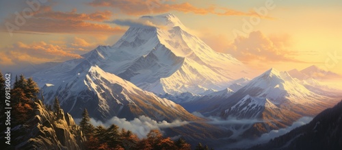 Scenic painting depicting a majestic mountain overlooking a serene valley underneath, capturing the beauty of nature © pngking