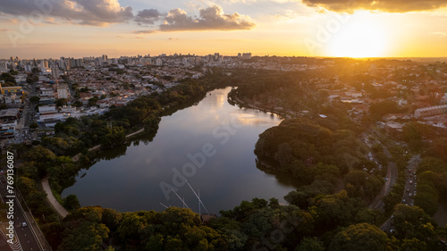 Taquaral Lagoon in Campinas, aerial view of the Portugal park at sunset, São Paulo, Brazil. © Pedro