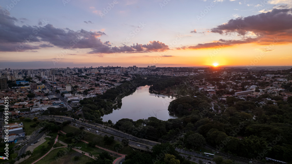 Taquaral Lagoon in Campinas, aerial view of the Portugal park at sunset, São Paulo, Brazil.