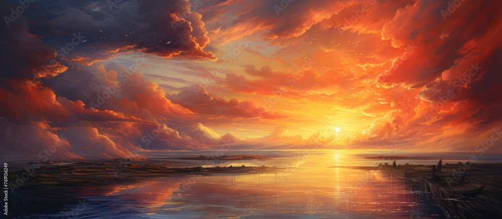 Scenic artwork capturing the beauty of a sunset reflecting on a tranquil lake, accentuated by fluffy clouds in the sky