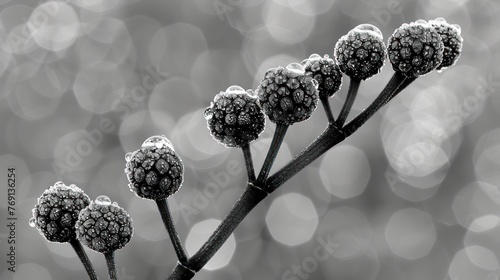 a black and white photo of a plant with drops of water on it's leaves and a boke of light in the background. photo