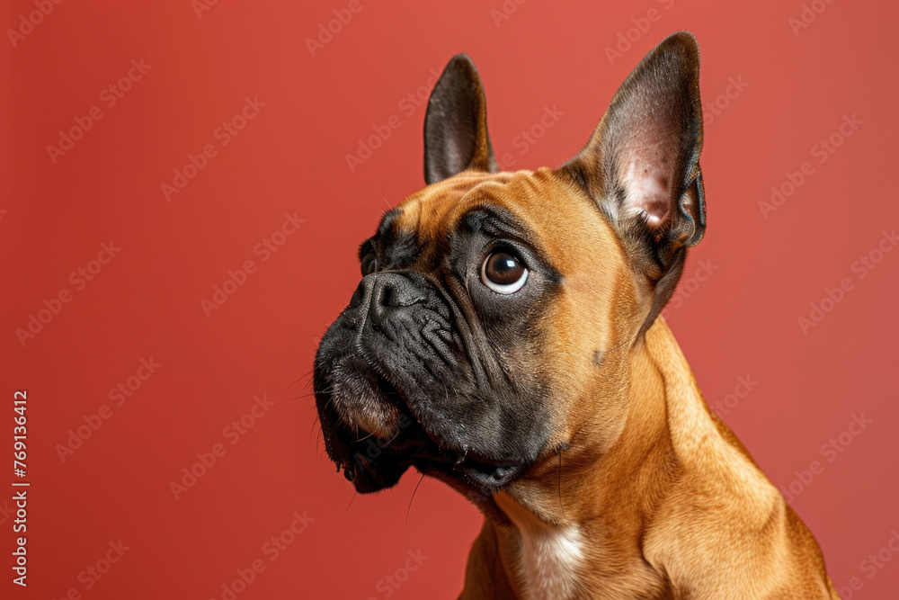 A purebred dog poses for a portrait in a studio with a solid color background during a pet photoshoot.

