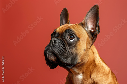 A purebred dog poses for a portrait in a studio with a solid color background during a pet photoshoot.   © kalafoto