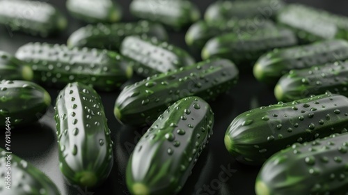 a close up of a bunch of cucumbers with drops of water on the top of the cucumbers.