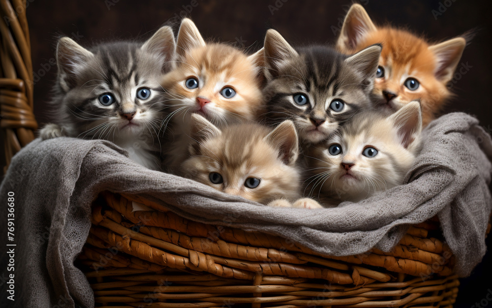 cute kittens in a wicker basket - obrazy, fototapety, plakaty 