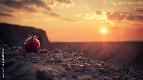 a red strawberry sitting on top of a pile of dirt next to a cliff under a cloudy sky with the sun in the distance.