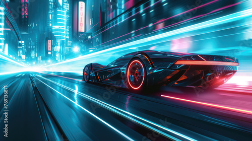 Futuristic racing car drives fast on highway at night, rear view, shiny luxury auto runs on city road. Modern sports vehicle moves on neon street. Concept of speed, light, future