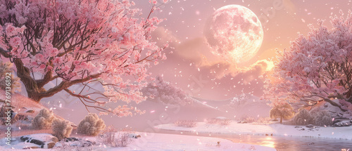 Cherry trees and snowy landscape, scenery of pink blooming sakura, snow and moon in spring or winter. Concept of travel, nature, japan, illustration, art
