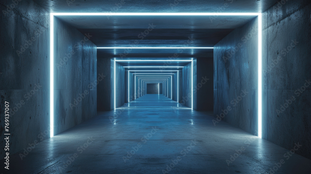 Dark concrete garage background, inside modern room or hall, underground tunnel with white led light. Concept of interior, warehouse, construction