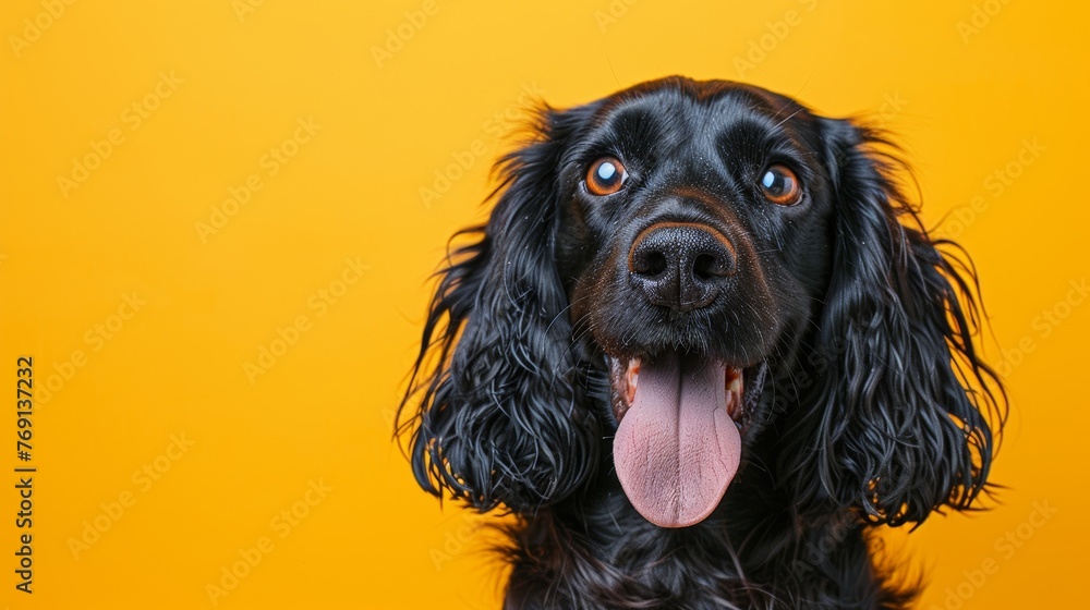Ultra-Realistic Happy Cocker Spaniel Dog Standing Against a Vibrant Yellow Backdrop Generative AI