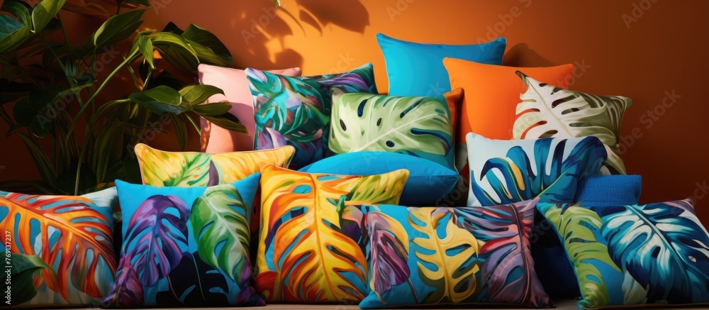 A variety of vibrant pillows and cushions are neatly arranged on a comfortable couch in a living room