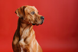 A purebred dog poses for a portrait in a studio with a solid color background during a pet photoshoot.