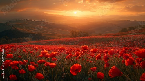 landscape poppy flower field at sunset