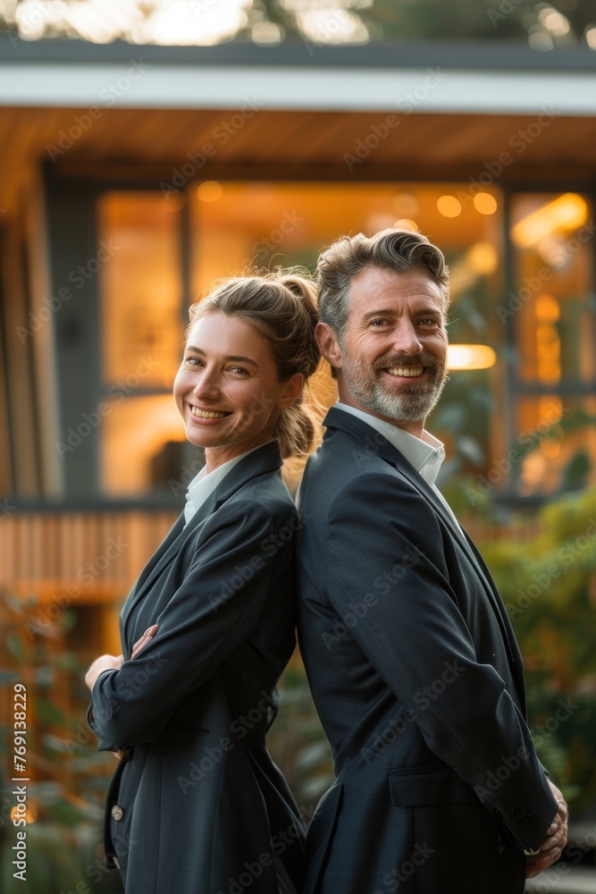 Back-to-Back Business Portrait: Smiling Man and Woman in Front of an Eco-Friendly House Generative AI Back-to-Back Business Portrait: Smiling Man and Woman in Front of an Eco-Friendly House Generative AI