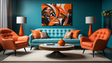 Modern living room interior in hot orange und teal green color