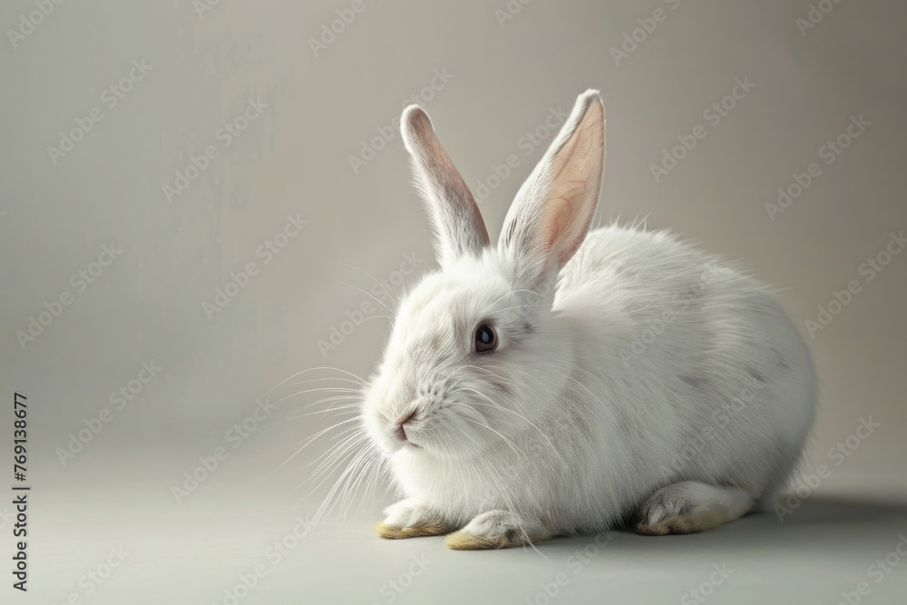 A purebred rabbit poses for a portrait in a studio with a solid color background during a pet photoshoot.
A purebred rabbit poses for a portrait in a studio with a solid color background during a pet photoshoot.