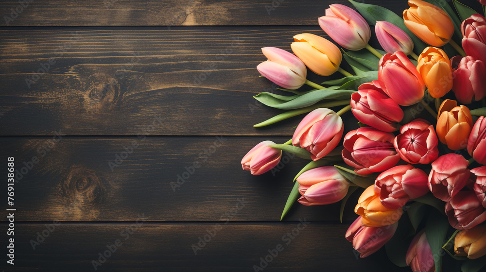 tulips arrangement on a wooden table flat lay top view - obrazy, fototapety, plakaty 