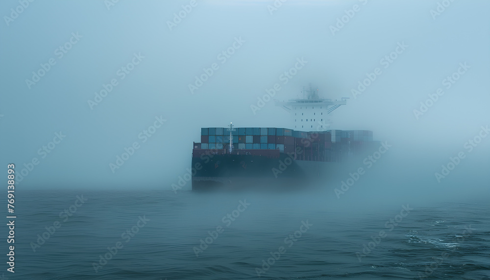 sea container ship in fog in the port