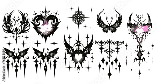 Y2k タトゥー ステッカー セット、ゴシック ハートのシルエット、ネオ部族の美的アイコン、蝶、星、火。グランジのグルーヴィーなファッションプリント、アシッドオーナメントエレメントコレクション、レトロなエモキットが大好きです。ガーリーなy2kステッカー