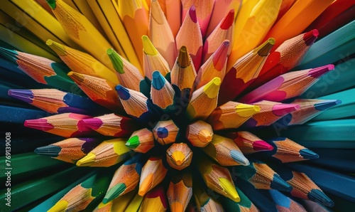 An overhead shot of colored pencils arranged in a pattern  abstract background with colored pencils