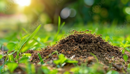 Garden ants walk on anthill surface.