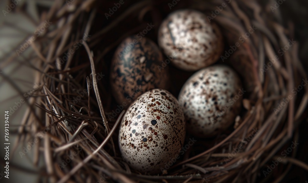 Close-up of a nest with speckled eggs Close-up of a nest with speckled eggs