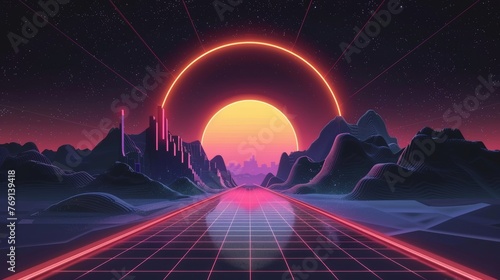 A simple vector illustration for print featuring a stargate-like portal to Dimension X, a space dimension, and the future world of technology. The portal emerges between mountains, offering a glimpse