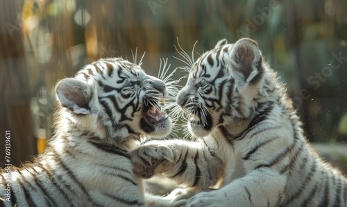 Close-up of a white tiger cubs paying together