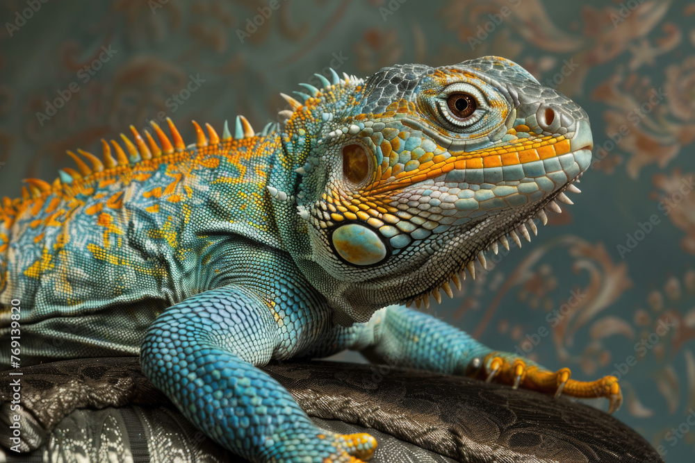 Fototapeta premium A purebred lizard poses for a portrait in a studio with a solid color background during a pet photoshoot.