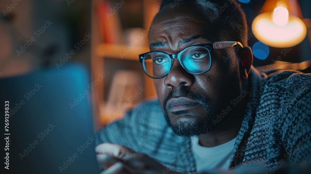 A Black Man Deep in Thought, Recording Findings Late at Night with a Disheveled Look and Horn-Rimmed Glasses Generative AI A Black Man Deep in Thought, Recording Findings Late at Night with a Disheveled Look and Horn-Rimmed Glasses Generative AI