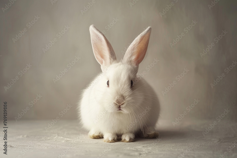 A purebred rabbit poses for a portrait in a studio with a solid color background during a pet photoshoot.
A purebred rabbit poses for a portrait in a studio with a solid color background during a pet photoshoot.