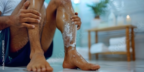 Man applying ointment to massage leg muscles for pain relief from injury or arthritis. Concept Pain Relief, Injury Recovery, Arthritis Treatment, Leg Massage, Ointment Application