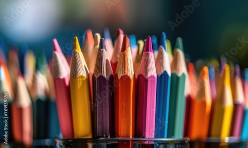 Close-up of a bunch of colored pencils, abstract background with colored pencils macro view