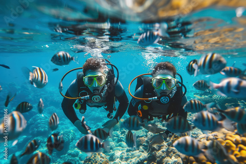buceadores a bombona con traje de buceo buceando con bombona en el paraí­so rodeados de muchos peces y seres marinos photo