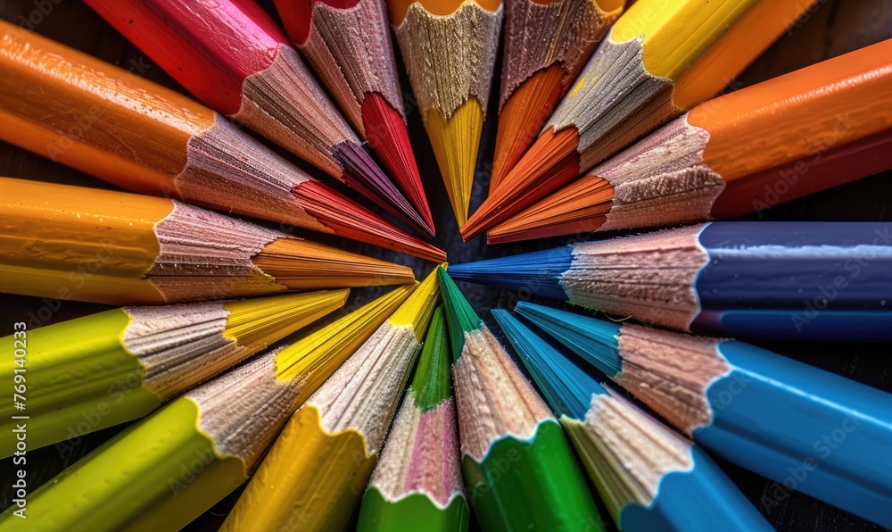 Naklejka premium Colored pencils arranged in a circular pattern