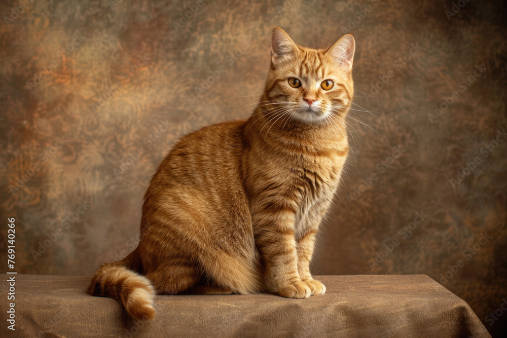 A pedigreed cat poses for a portrait in a studio with a solid color background during a pet photoshoot.
A pedigreed cat poses for a portrait in a studio with a solid color background during a pet photoshoot.