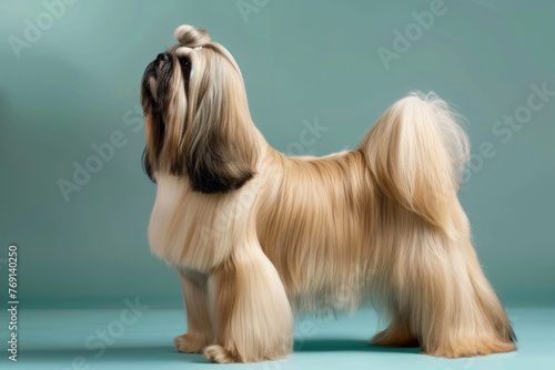 A purebred dog poses for a portrait in a studio with a solid color background during a pet photoshoot.

 photo